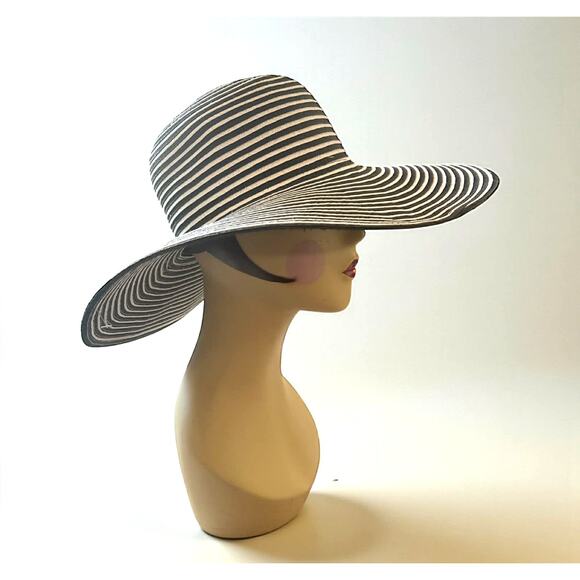 The Hats Company Filippo Catarzi Italy Black White Stripe Wide Brim Sun Hat EUC!